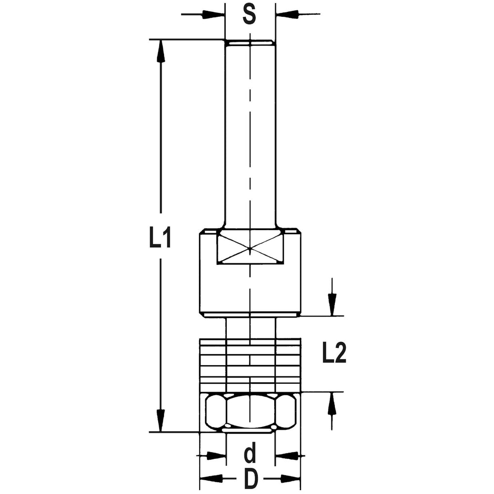 Spindel met tussenringen, opname (d) 8,0 mm, L2=25 mm, S=12 mm