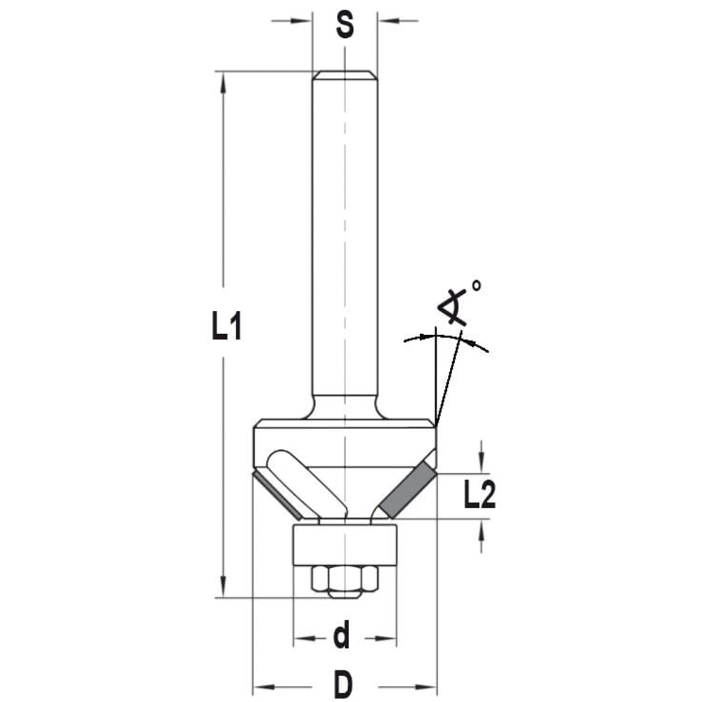 Diamant Fasefrees 45° met lager, L2=5.1 mm, TL=65 mm, S=8 mm, DP