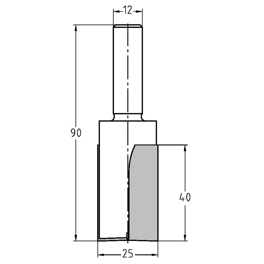 Groeffrees Ø 25 x 40 mm, TL=92 mm, S=12 mm, HW