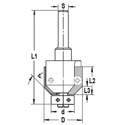 UNITEC houder met fasekeermessen 45° met lager, L3=5 mm, S=8 mm, HW