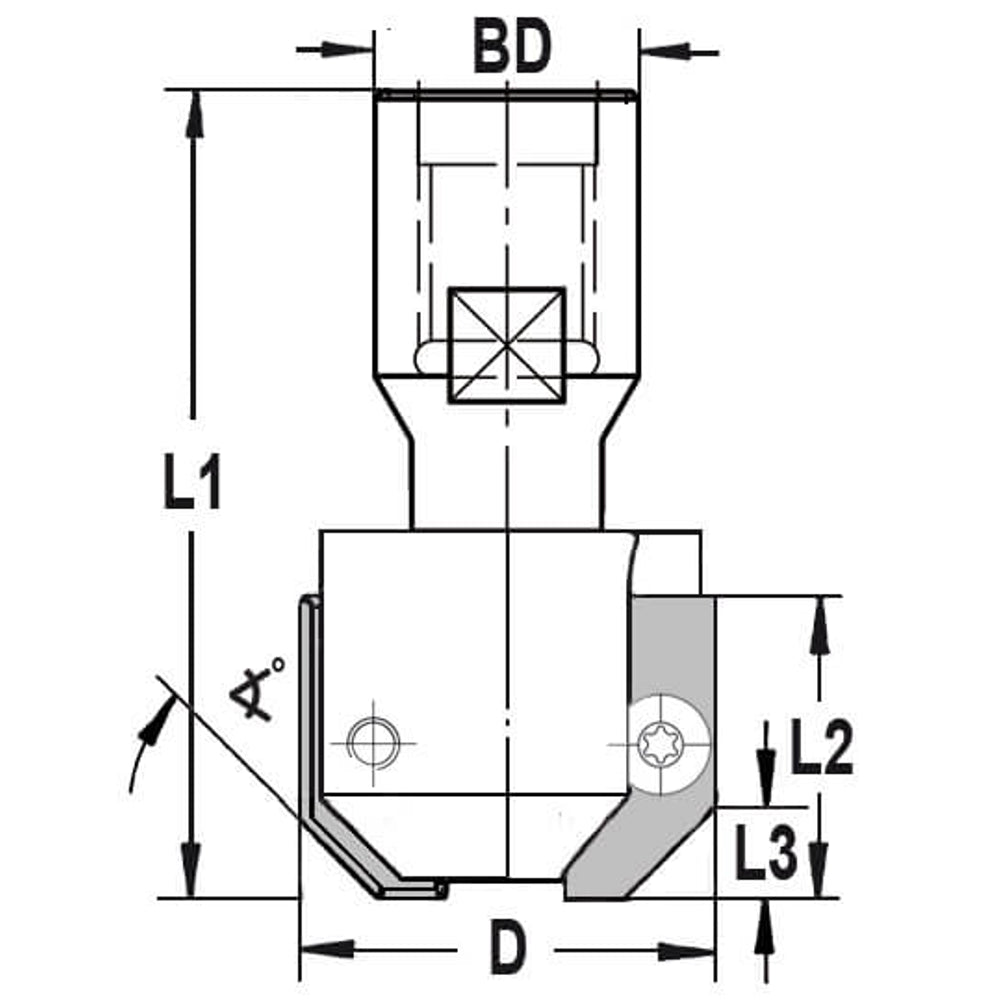 UNITEC houder met fasekeermessen 45° zonder lager, L3=5 mm, Binnendraad M10, HW