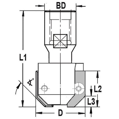 UNITEC houder met fasekeermessen 45° zonder lager, L3=5 mm, Binnendraad M10, HW