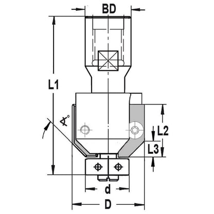 UNITEC houder met fasekeermessen 45° met lager, L3=8 mm, Binnendraad M10, HW