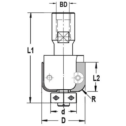 UNITEC houder met halfholkeermessen R=8,0 mm met lager, D=32 mm, Binnendraad M12, HW