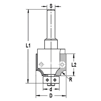 UNITEC houder met kwartrondkeermessen R=2,0 mm met lager, D=26 mm, S=10 mm, HW
