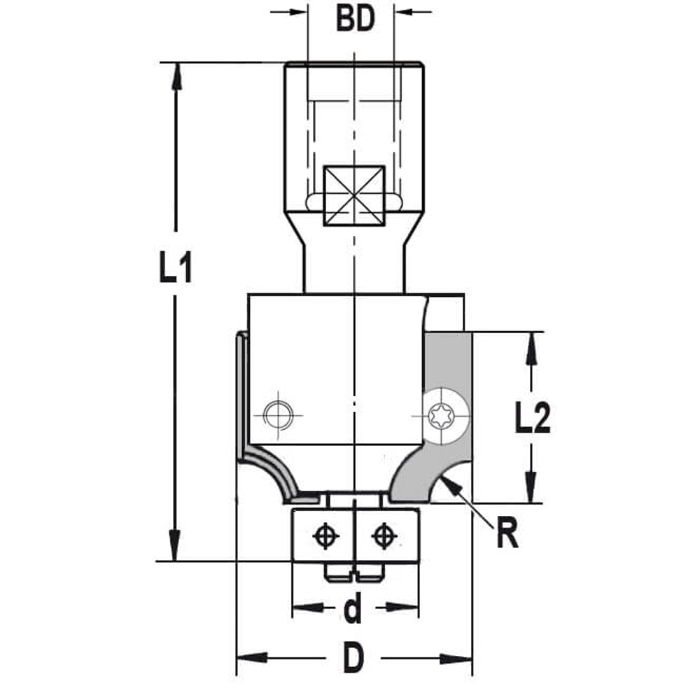 UNITEC houder met kwartrondkeermessen R=10,0 mm met lager, D=36 mm, Binnendraad M10, HW
