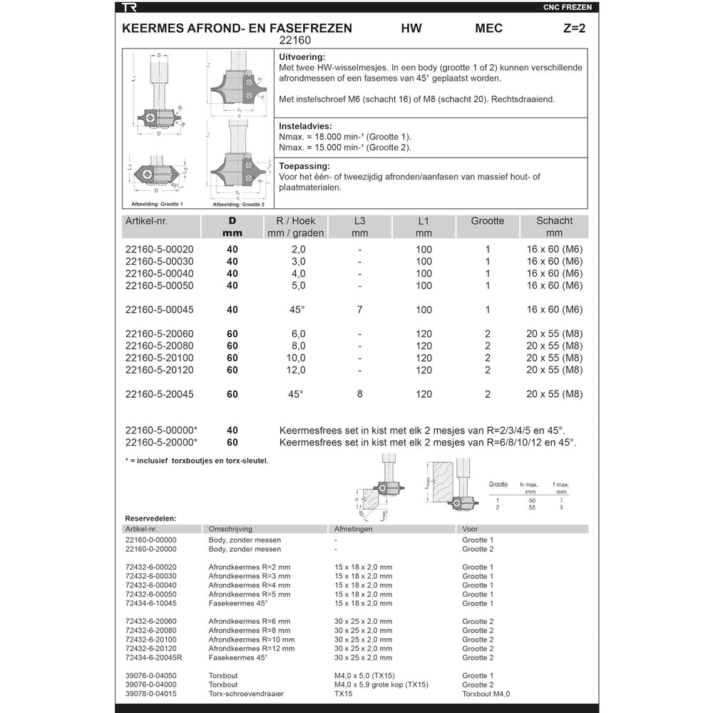 Keermes Afrondfrees R=4 mm, TL=100 mm, S=16 mm, Z=2, HW