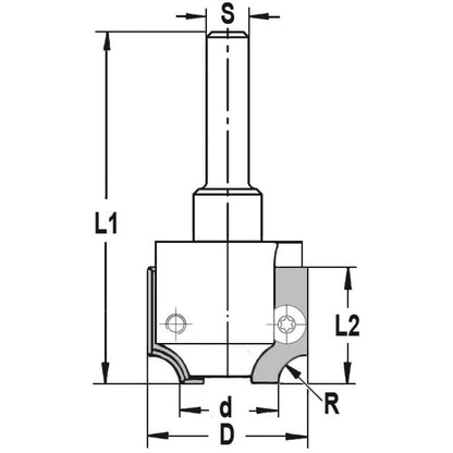 UNITEC houder met kwartrondkeermessen R=5,0 mm zonder lager, D=26 mm, S=12 mm, HW