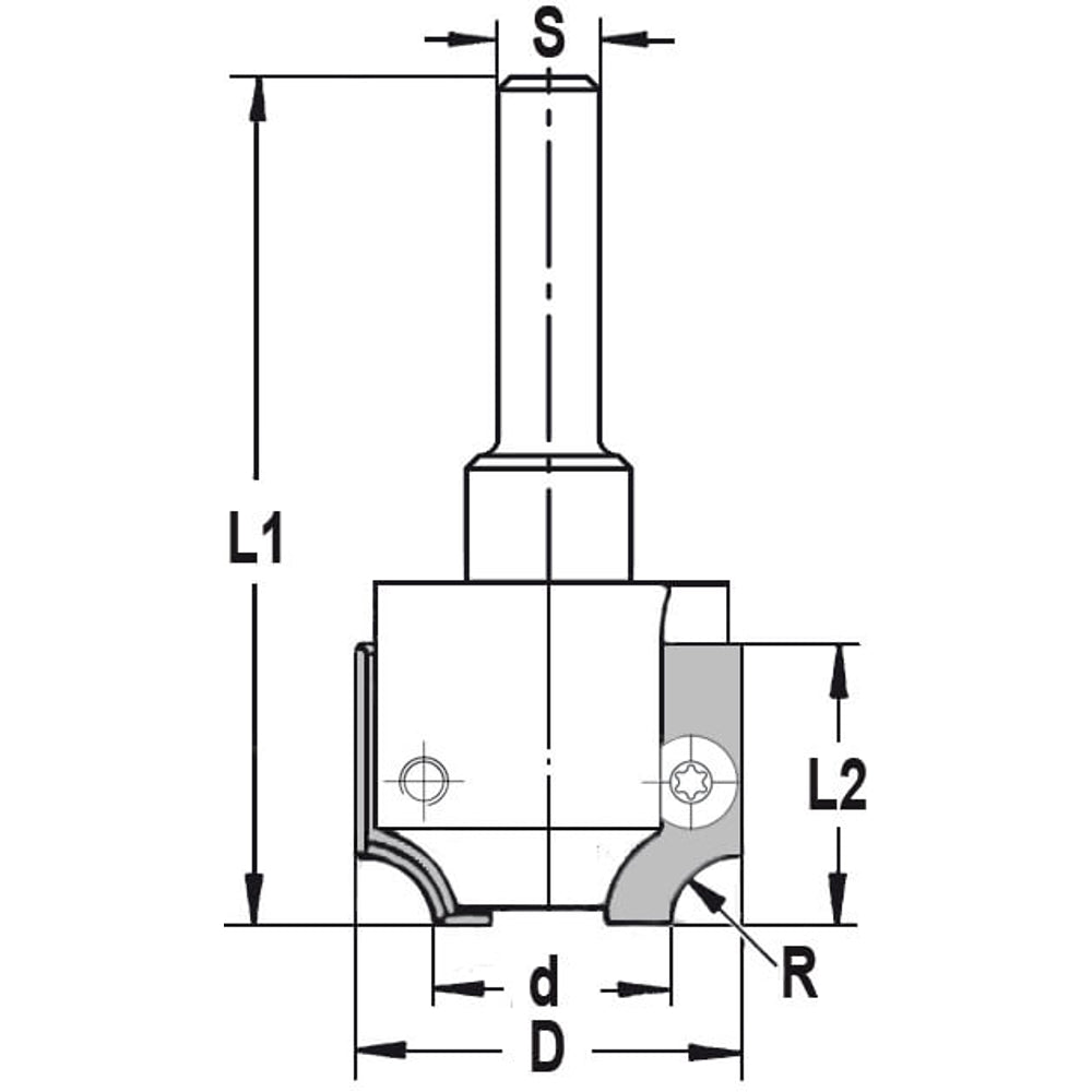 UNITEC houder met kwartrondkeermessen R=6,0 mm zonder lager, D=32 mm, S=8 mm, HW