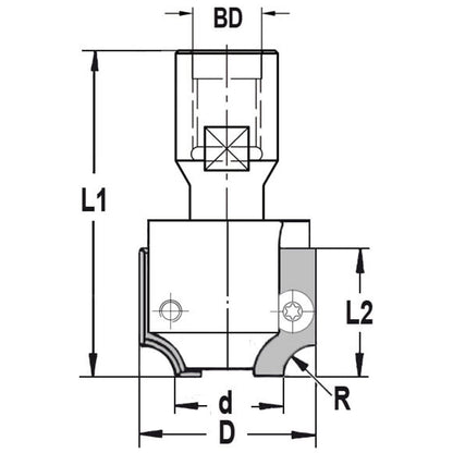 UNITEC houder met kwartrondkeermessen R=5,0 mm zonder lager, D=26 mm, Binnendraad M12, HW