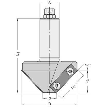 Keermes Fasefrees 45°, L3=28 mm, TL=95 mm, S=20 mm, Z=2, HW