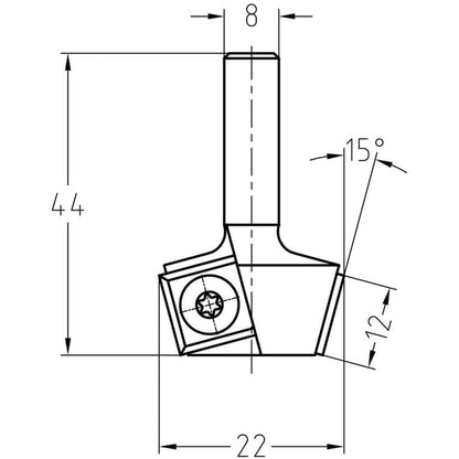 Keermesfasefrees 15° zonder lager, L2=11.5 mm, S=8 mm, HW