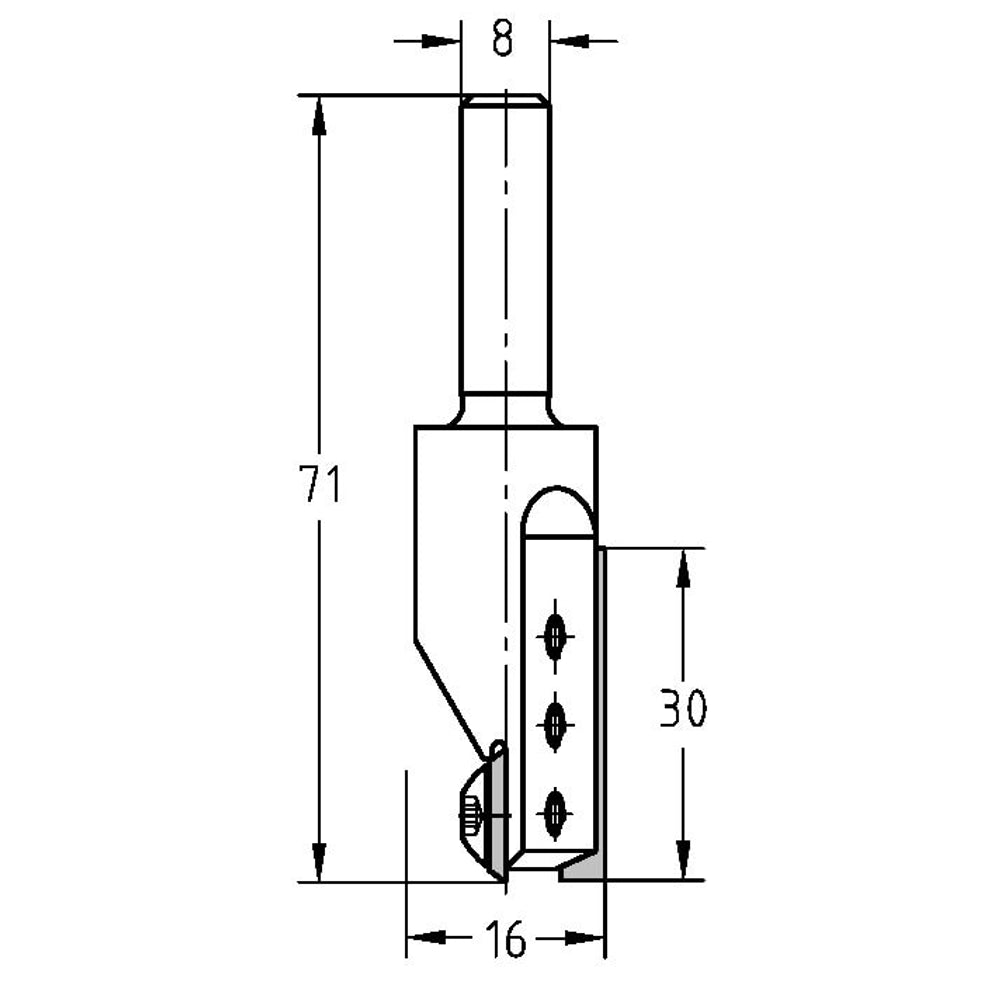 Keermesgroeffrees Ø 16 x 30 mm, TL=71 mm, S=8 mm, HW