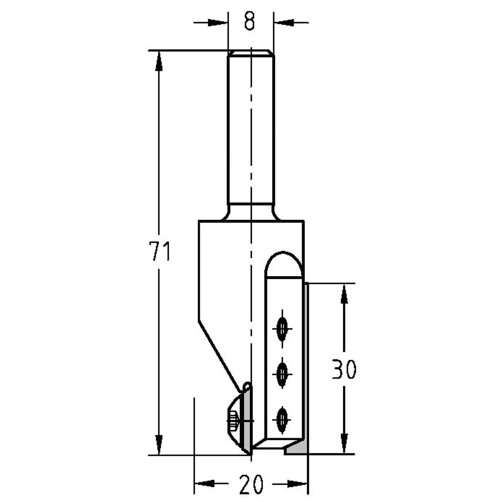 Keermesgroeffrees Ø 20 x 30 mm, TL=71 mm, S=8 mm, HW