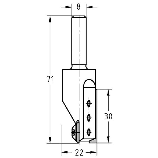 Keermesgroeffrees Ø 22 x 30 mm, TL=71 mm, S=8 mm, HW