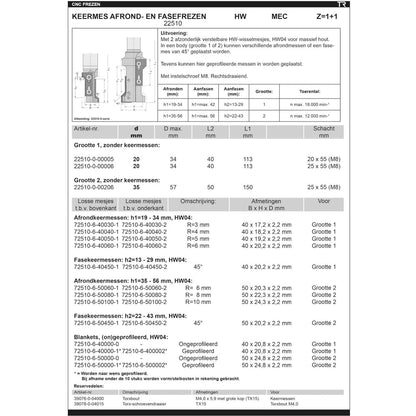 Keermes Afrond- en fasefrees R=3/4/5/6 mm + 45°, S=20 mm, Z=1+1, HW