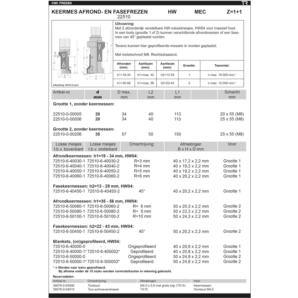Keermes Afrond- en fasefrees R=3/4/5/6 mm + 45°, S=25 mm, Z=1+1, HW