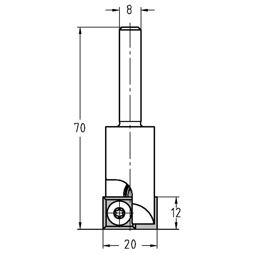 Keermesgroeffrees Ø 20 x 12 mm, TL=70 mm, S=8 mm, HW