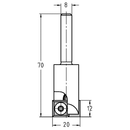 Keermesgroeffrees Ø 20 x 12 mm, TL=70 mm, S=8 mm, HW