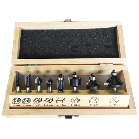 Frezen in houten kist, 8-delige set, Schacht 8 mm, HW