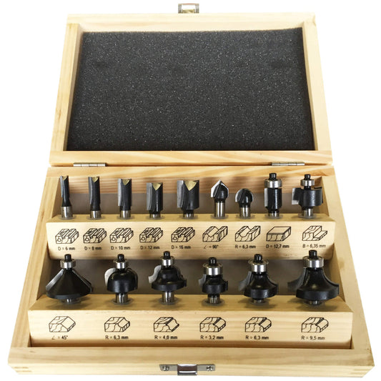 Frezen in houten kist, 15-delige set, Schacht 8 mm, HW