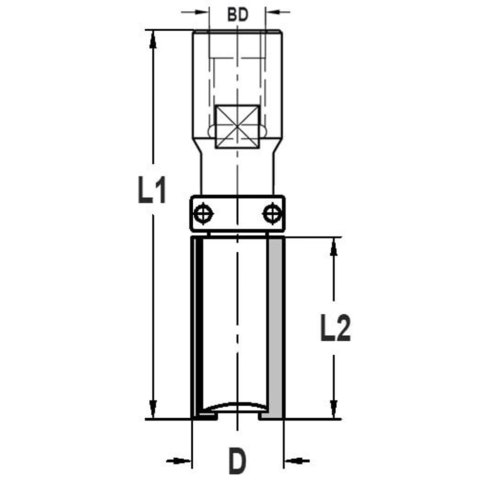Kantenfrees recht Ø 19 x 50 mm, TL=87 mm, Binnendraad M12, HW