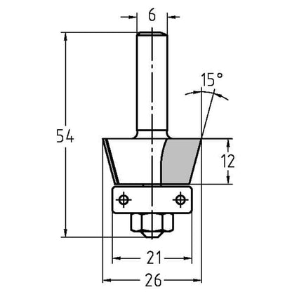 Fasefrees 15° met lager, L2=12 mm, TL=54 mm, S=6 mm, HW