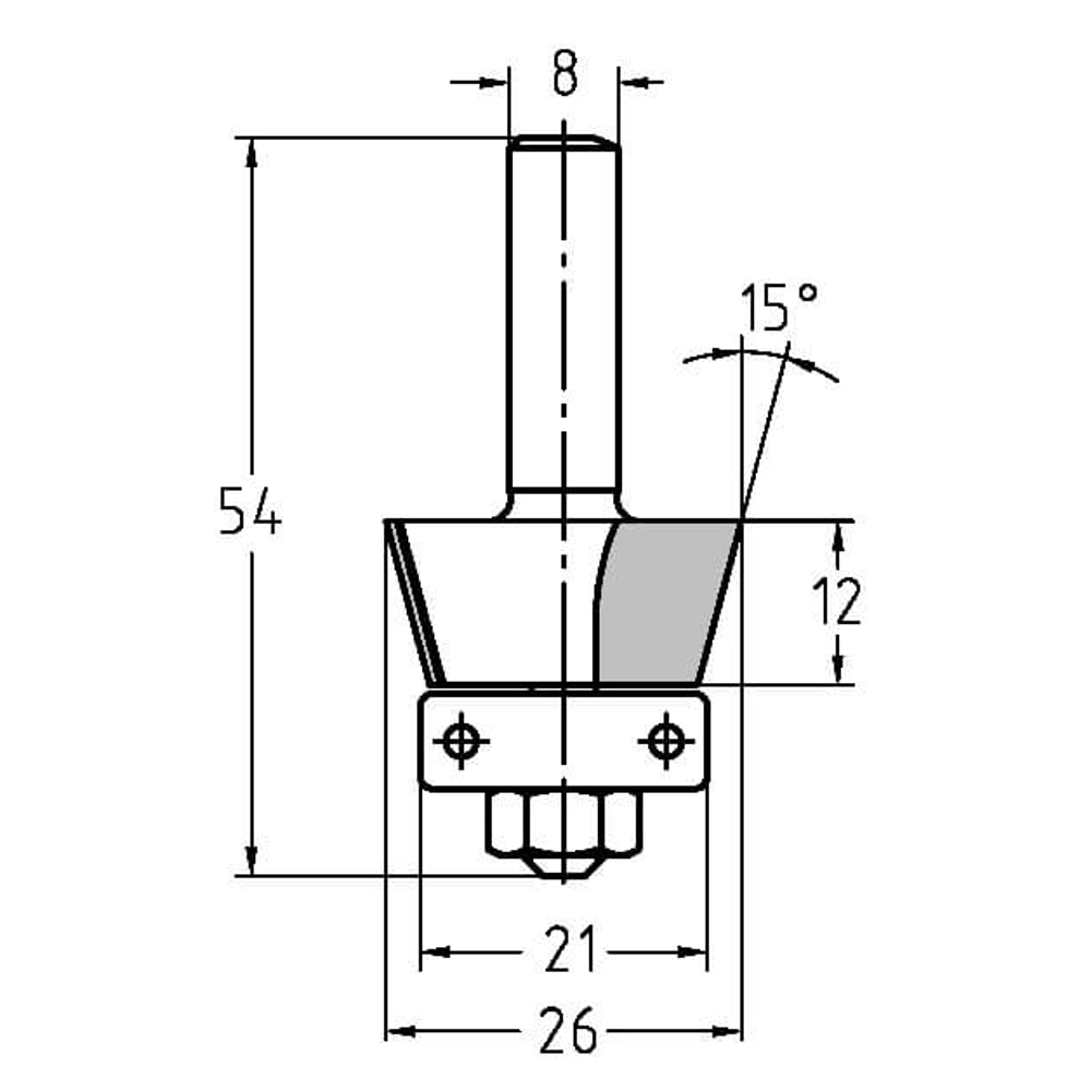 Fasefrees 15° met lager, L2=12 mm, TL=54 mm, S=8 mm, HW