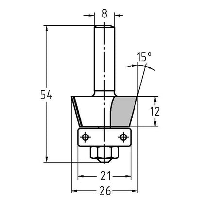 Fasefrees 15° met lager, L2=12 mm, TL=54 mm, S=8 mm, HW