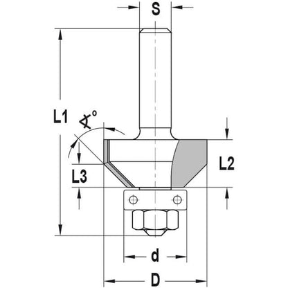 Fasefrees 45° met lager, L3=10 mm, TL=53 mm, S=6 mm, HW