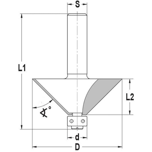 Fasefrees 45° met lager, L2=18 mm, TL=60 mm, S=8 mm, HW