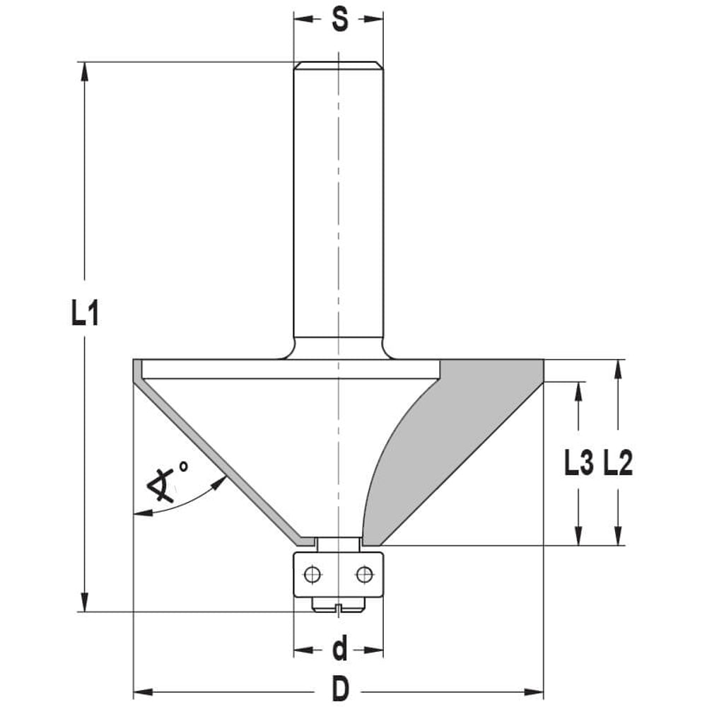 Fasefrees 45° met lager, L3=21,5 mm, TL=73 mm, S=12 mm, HW