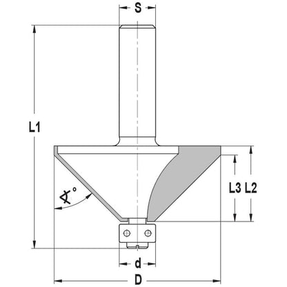 Fasefrees 45° met lager, L3=21,5 mm, TL=73 mm, S=12 mm, HW
