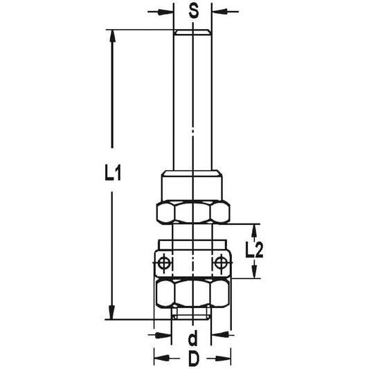 Spindel met tussenringen en lager, opname (d) 6,3 mm, L2=12 mm, S=6 mm