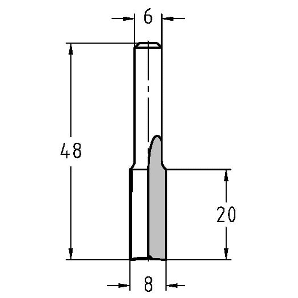 Groeffrees Ø 8 x 20 mm, TL=48 mm, S=6 mm, HW