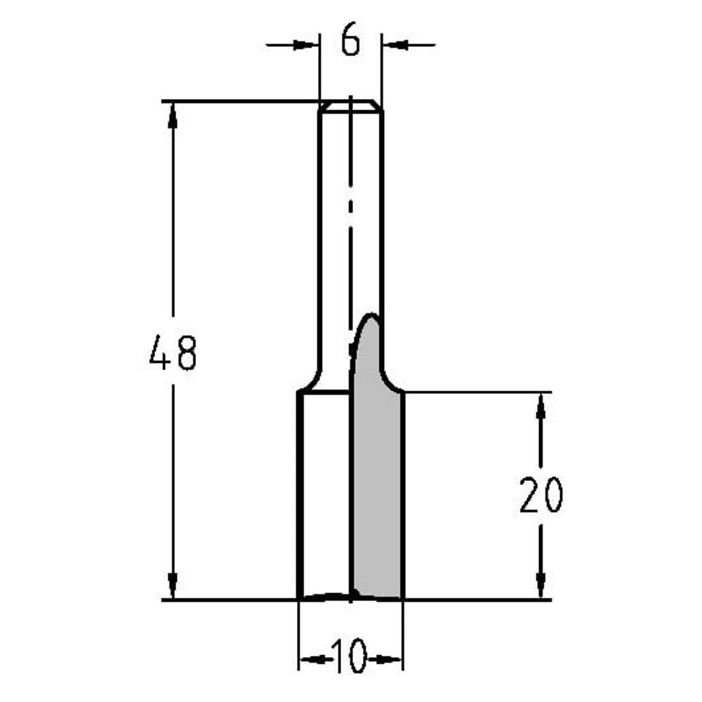 Groeffrees Ø 10 x 20 mm, TL=48 mm, S=6 mm, HW