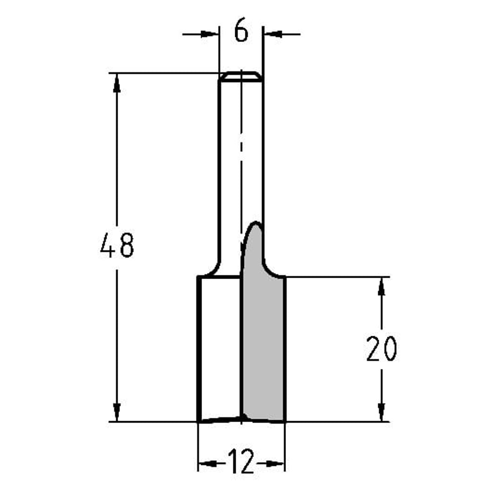 Groeffrees Ø 12 x 20 mm, TL=48 mm, S=6 mm, HW