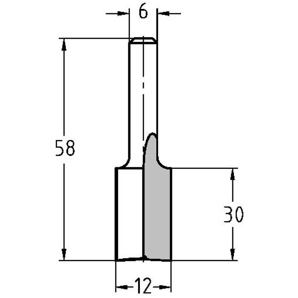 Groeffrees Ø 12 x 30 mm, TL=58 mm, S=6 mm, HW