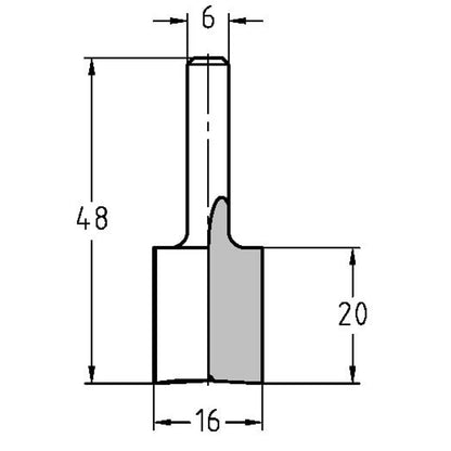 Groeffrees Ø 16 x 20 mm, TL=48 mm, S=6 mm, HW