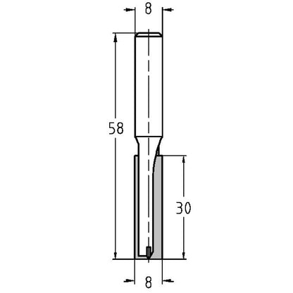 Groeffrees kort Ø 8 x 30 mm, TL=58 mm, S=8 mm, HW