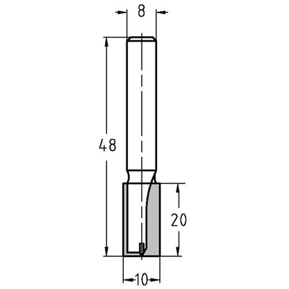 Groeffrees kort Ø 10 x 20 mm, TL=48 mm, S=8 mm, HW