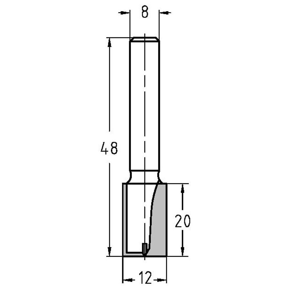 Groeffrees kort Ø 12 x 20 mm, TL=48 mm, S=8 mm, HW