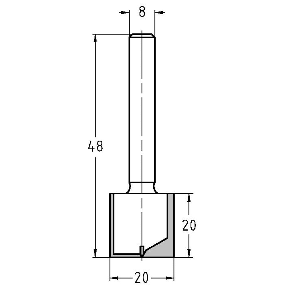 Groeffrees kort Ø 20 x 20 mm, TL=48 mm, S=8 mm, HW