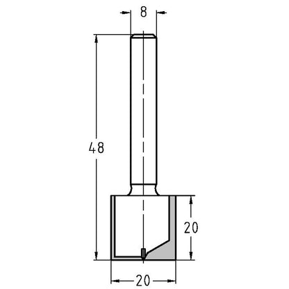 Groeffrees kort Ø 20 x 20 mm, TL=48 mm, S=8 mm, HW