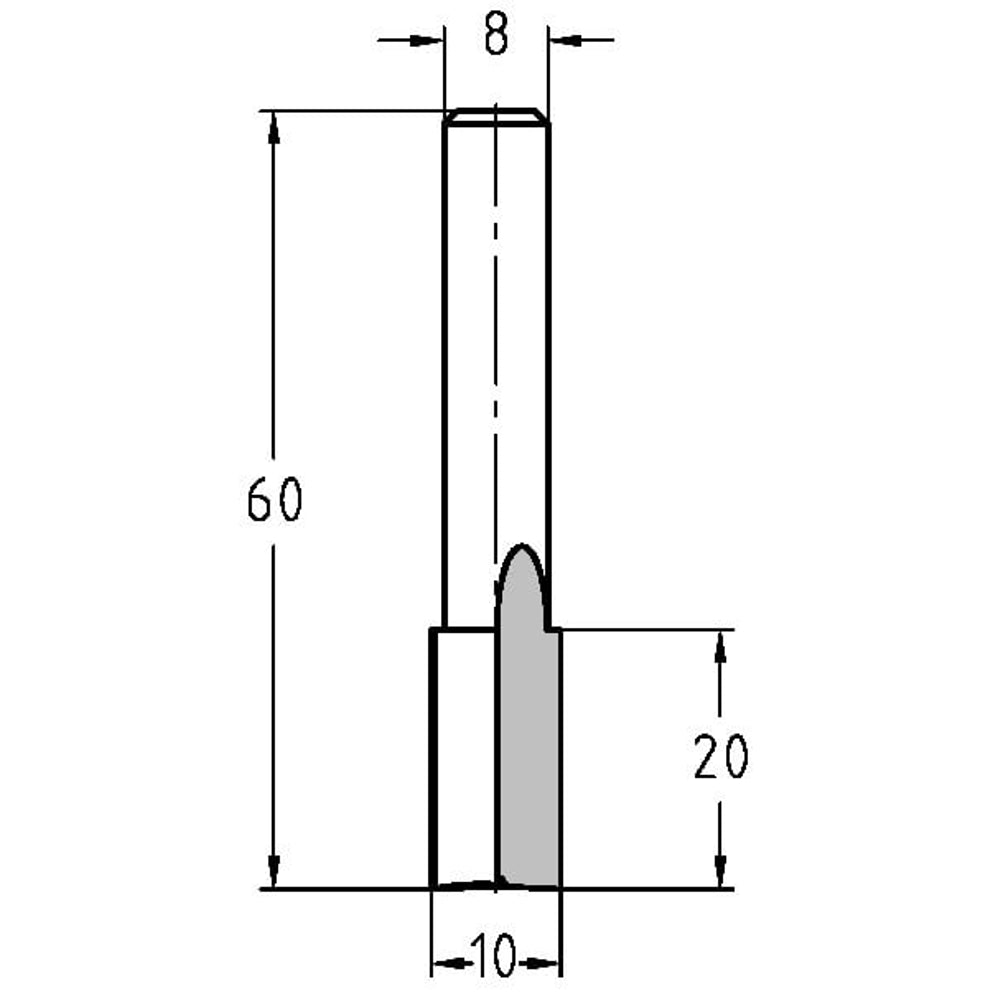 Groeffrees Ø 10 x 20 mm, TL=60 mm, S=8 mm, HS