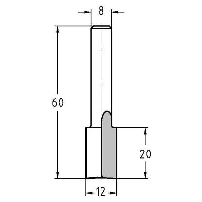 Groeffrees Ø 12 x 20 mm, TL=60 mm, S=8 mm, HS