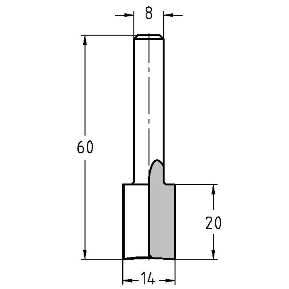 Groeffrees Ø 14 x 20 mm, TL=60 mm, S=8 mm, HS