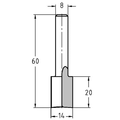 Groeffrees Ø 14 x 20 mm, TL=60 mm, S=8 mm, HS