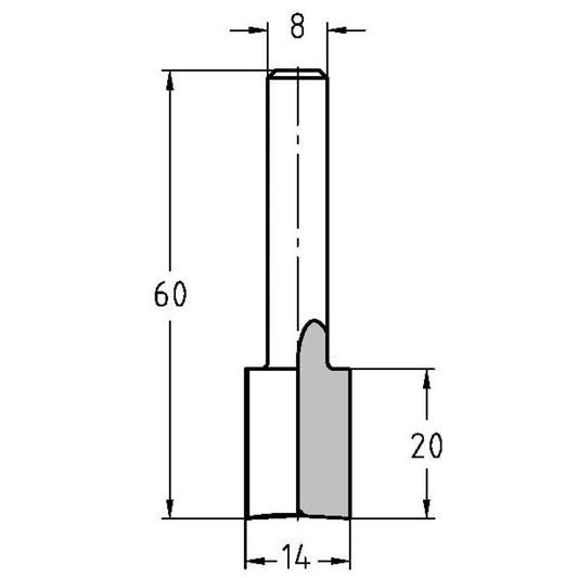 Groeffrees Ø 14 x 20 mm, TL=60 mm, S=8 mm, HS