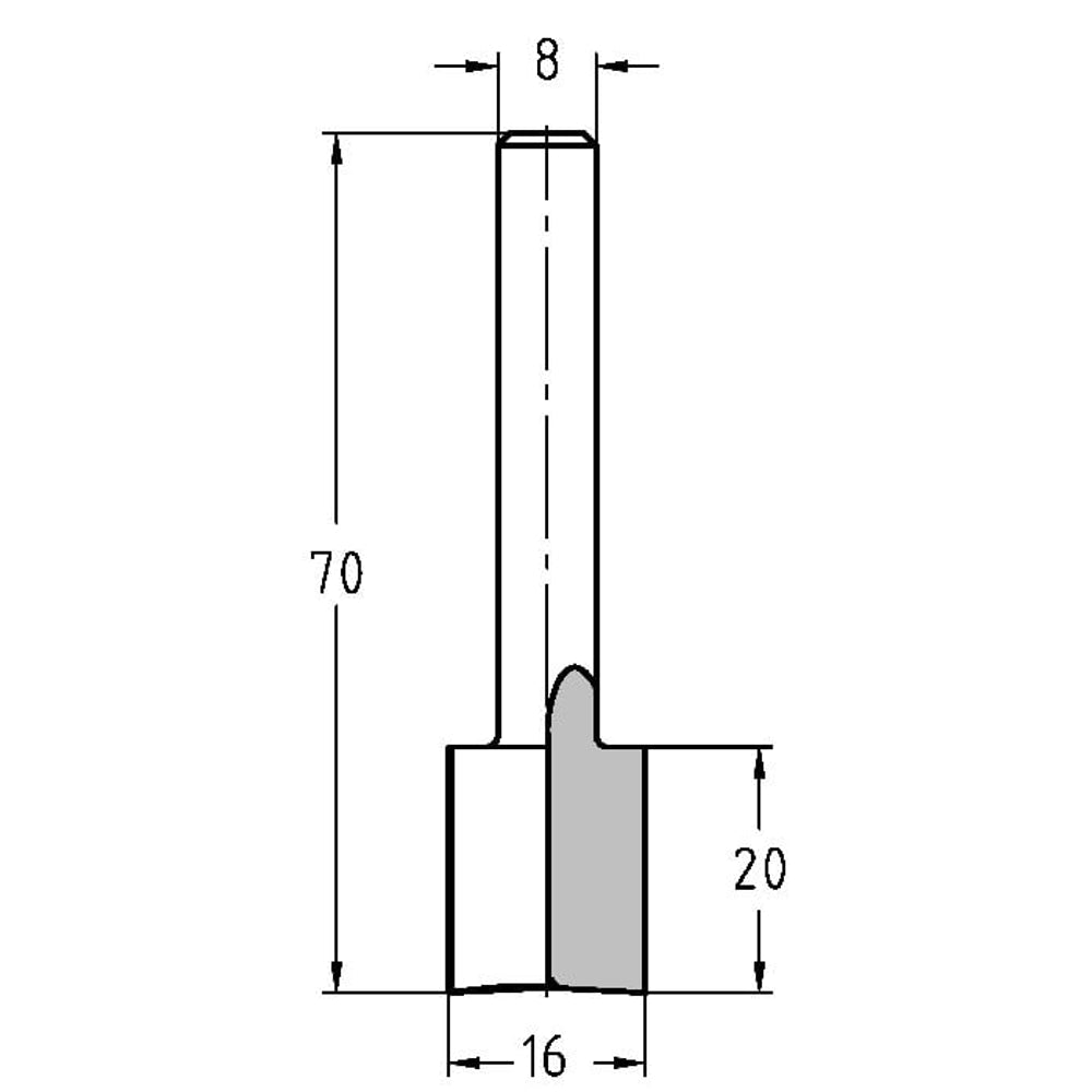 Groeffrees Ø 16 x 20 mm, TL=70 mm, S=8 mm, HS